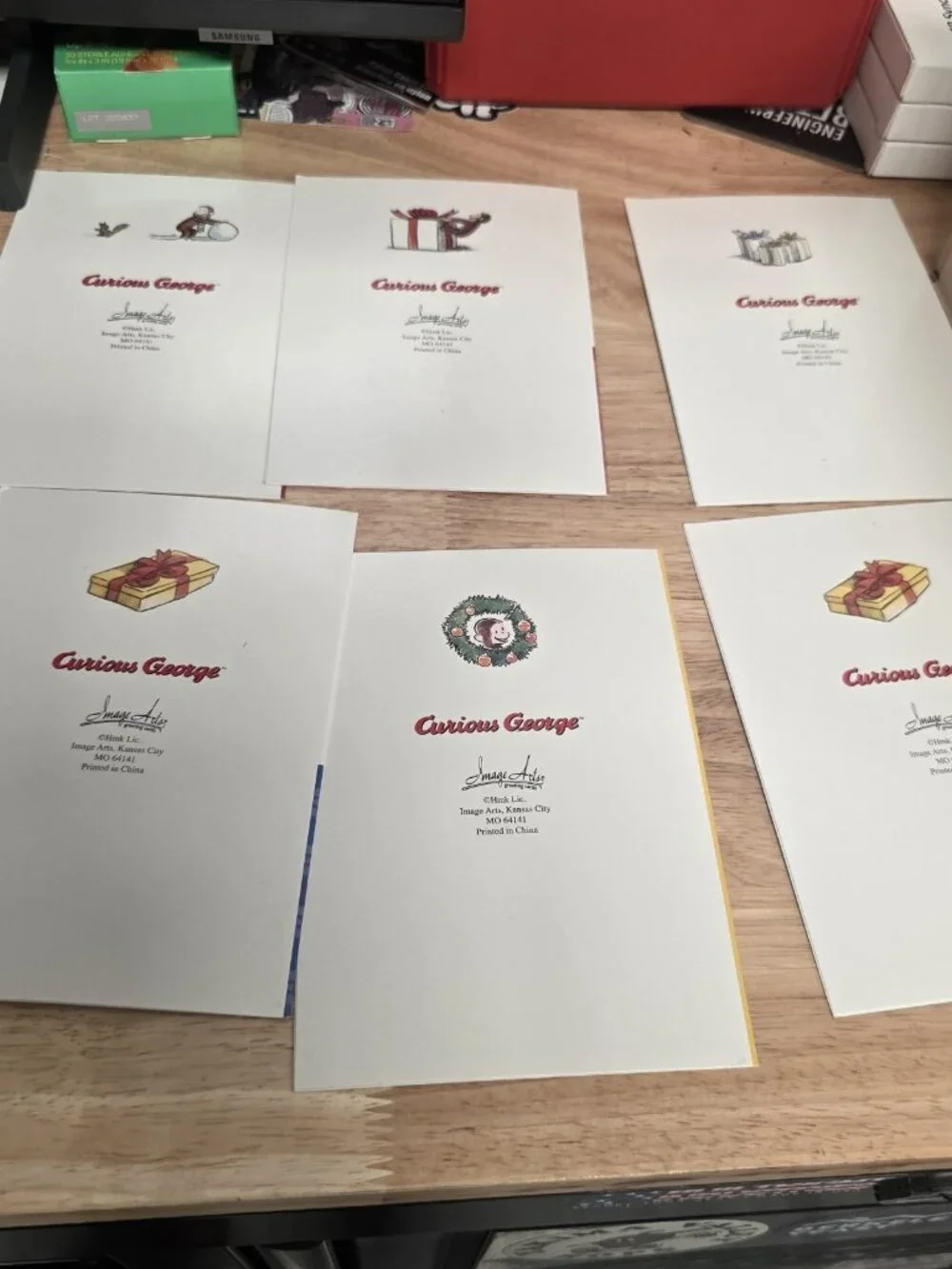 Vtg Curious George Christmas Cards Collectible Set Of Six Cards W/envelopes